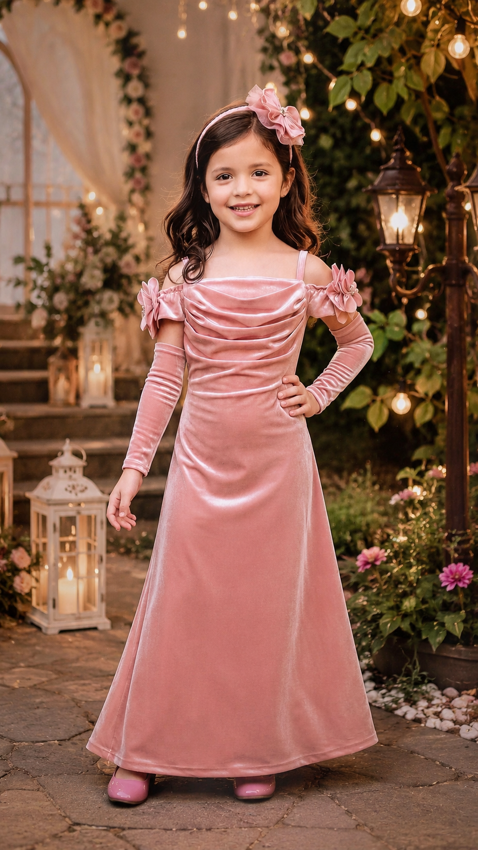 SMD Girls Pink Velvet Princess Party Gown with Gloves - Image 2