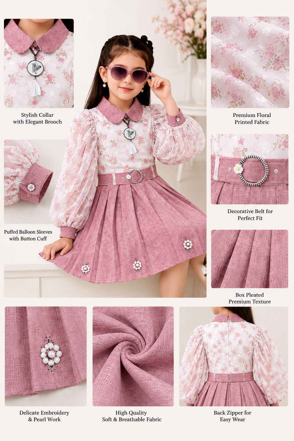 SMD Girls Pink Floral Pleated Party Dress with Belt - Image 2