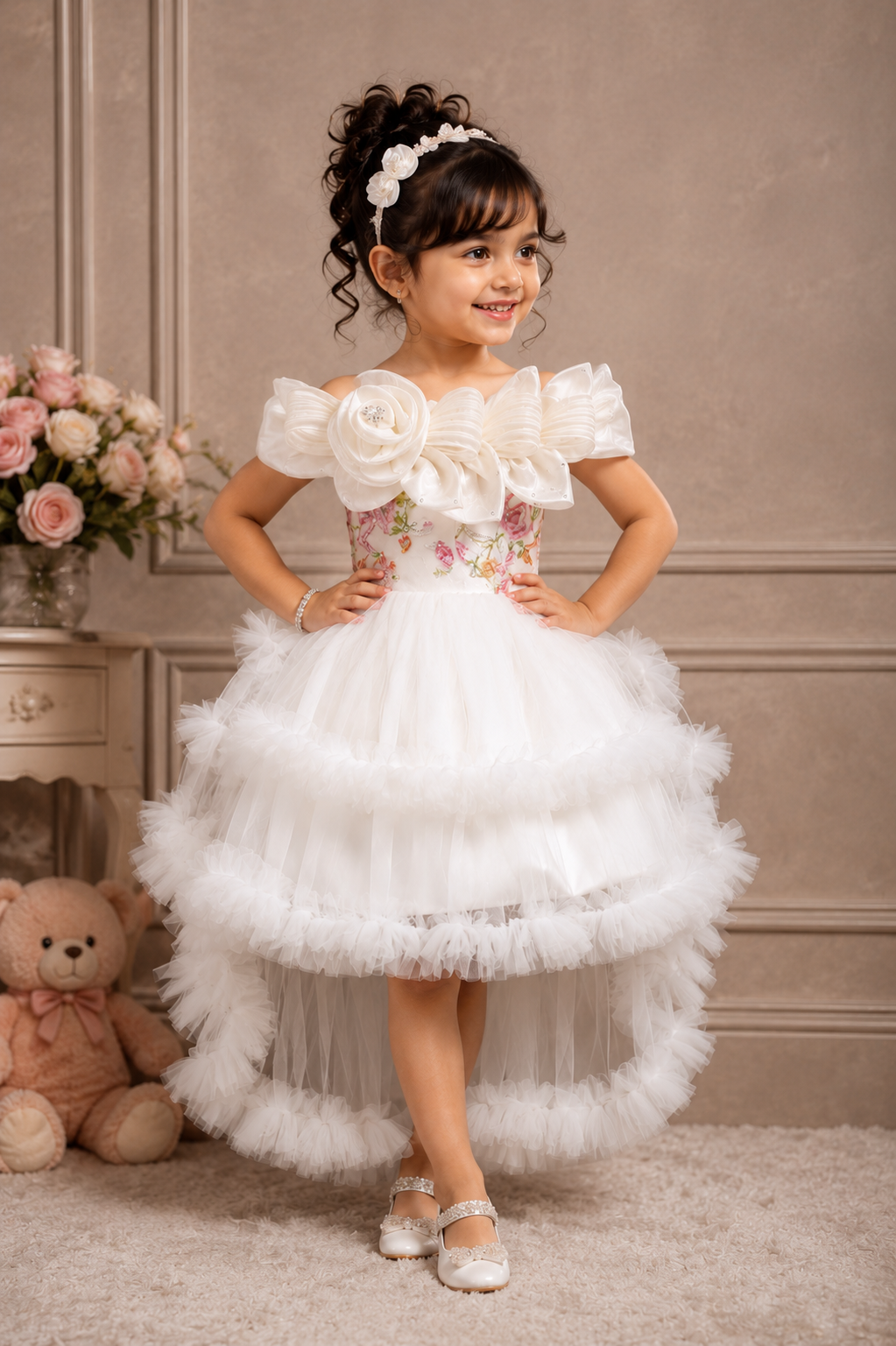 SMD Girls White Floral Princess Party Dress - Image 3