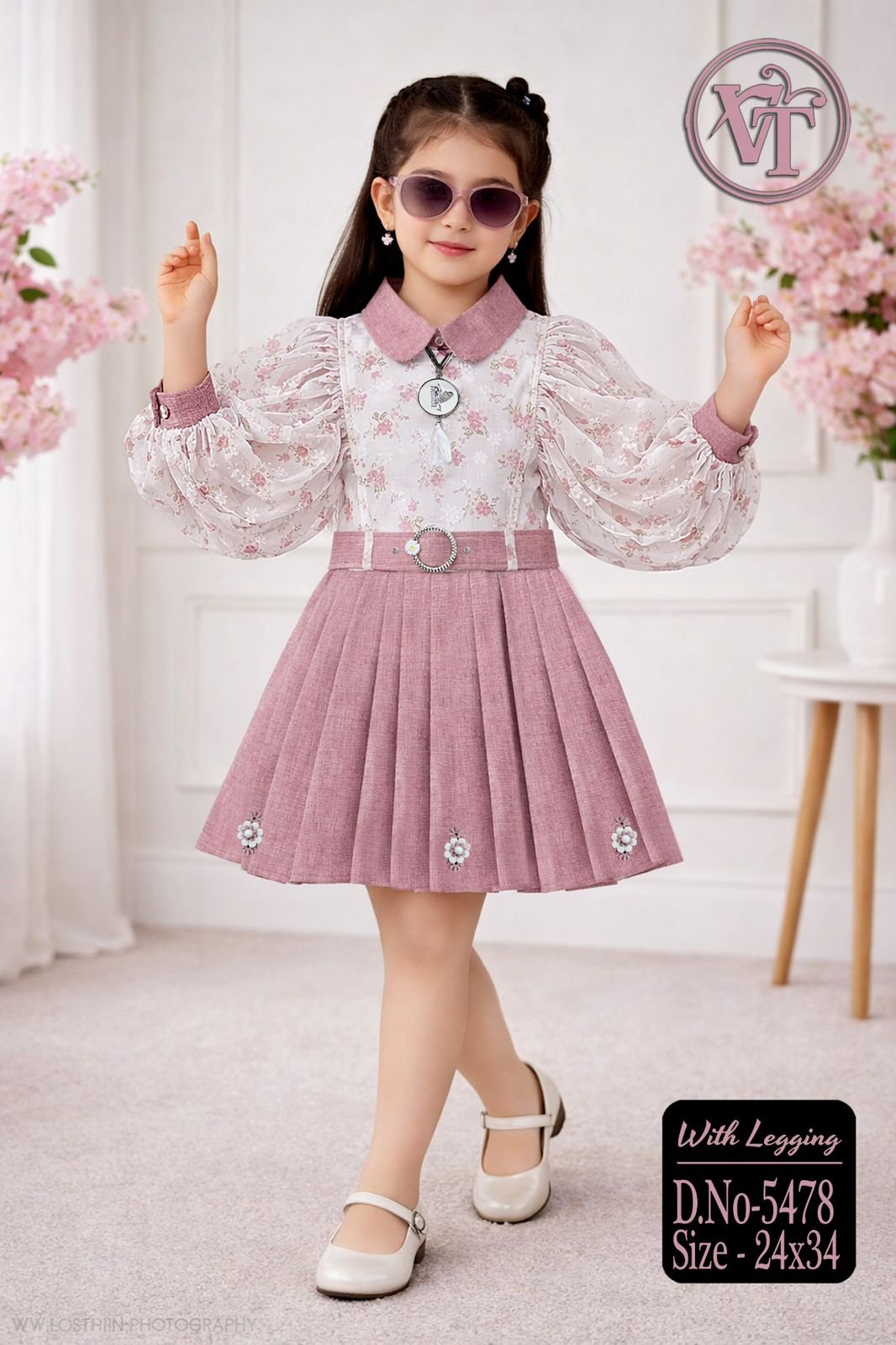 SMD Girls Pink Floral Pleated Party Dress with Belt - Image 3