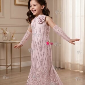 Girls Luxury Pink Sequin Party Gown with Floral Shoulder