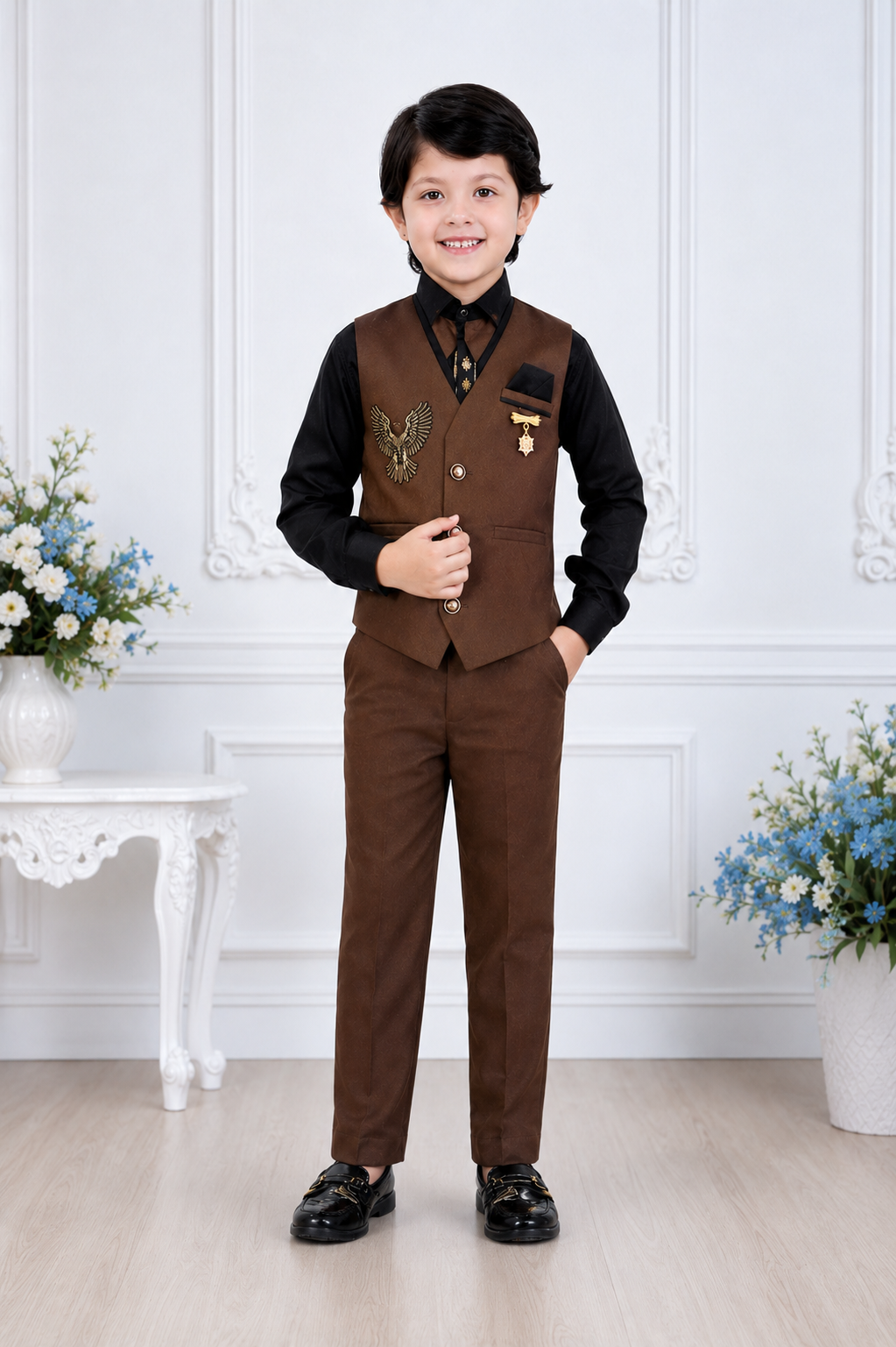 Boys Premium Eagle Embroidered Waistcoat Suit Set - Image 3