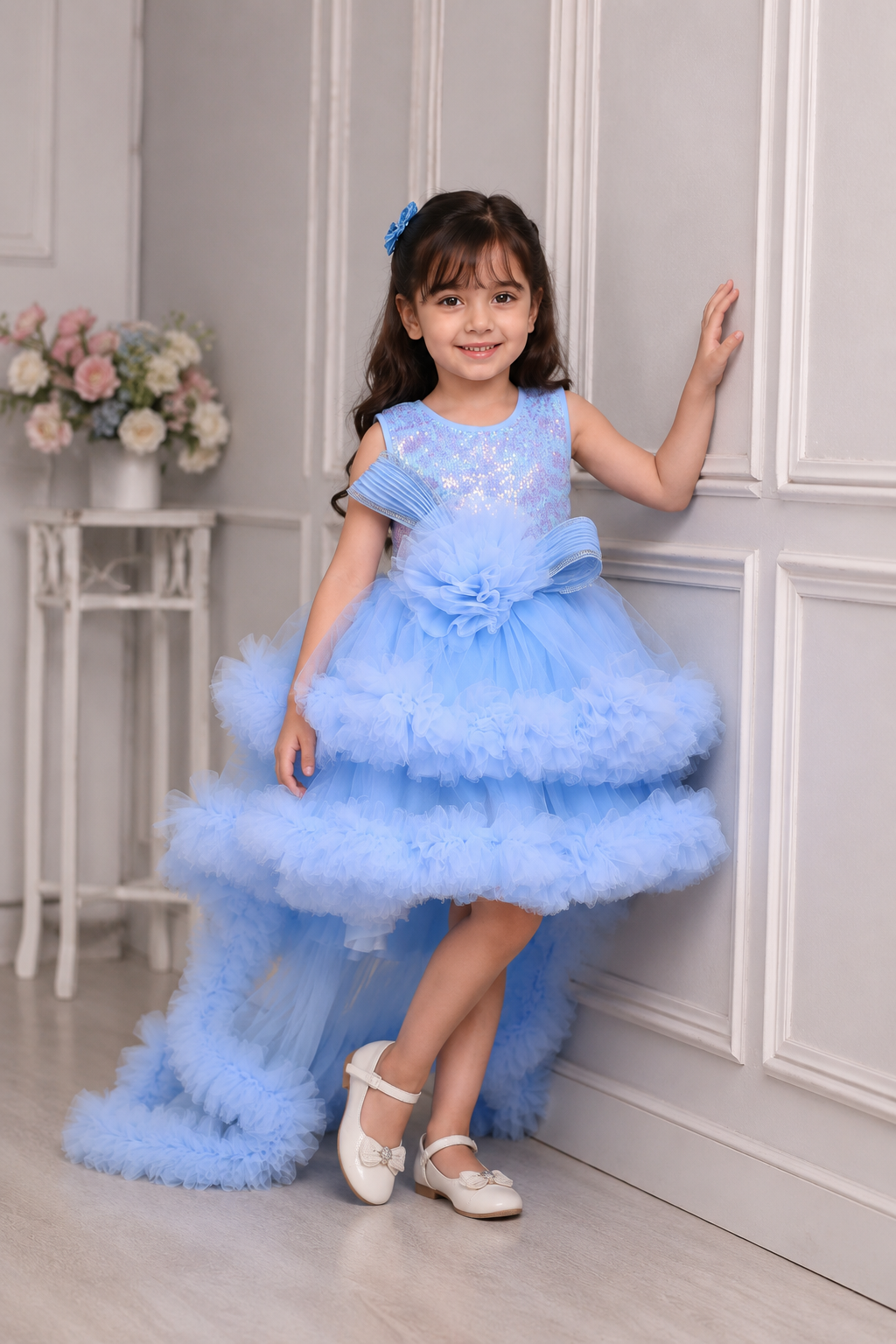 SMD Girls Sky Blue Sequin High-Low Party Dress - Image 2