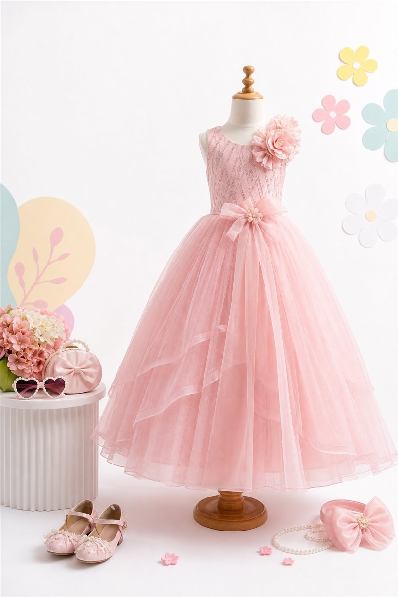 Premium pink girls partywear gown for SMD Garments kids fashion hero